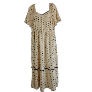 Bloom Chic Dress Beige Black Polka-a-dot Puff Sleeve Maxi Sz L  Boho Office Wear